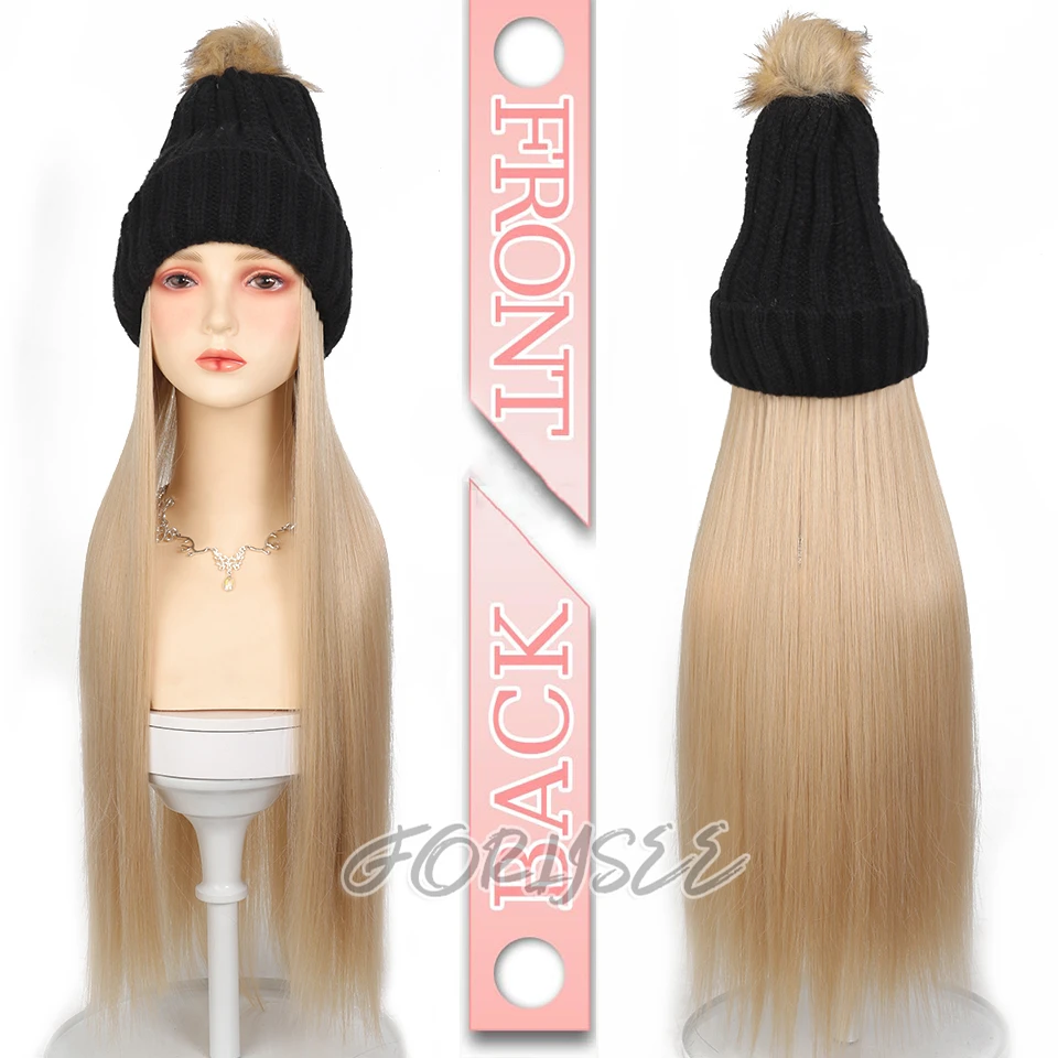 Beanies Hat With Hair Wigs For Women 36 inch Long Straight Hair Synthetic Wig Warm Soft Ski Knitted Autumn Winter Cap