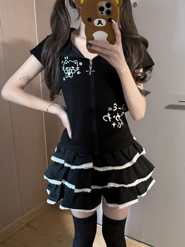 

Cute Print Short Sleeve Top And Skirt Set Women's Fashion Summer Outfit Breathable Polyester Material Zipper Closure High...