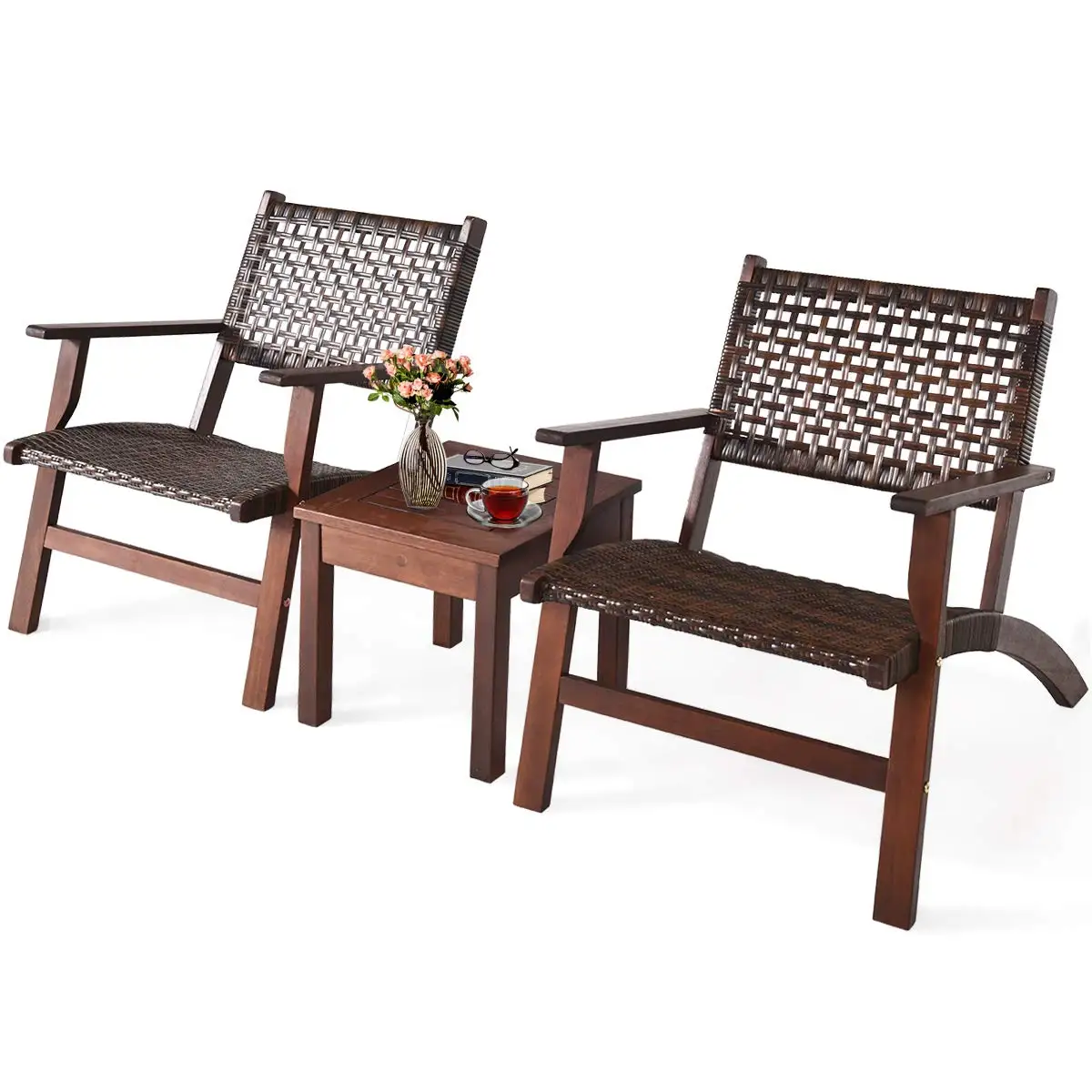 

3 Pieces Patio Conversation Set, Solid Eucalyptus Wood Frame Outdoor Wicker Furniture Set Bistro Set with Coffee, Customized