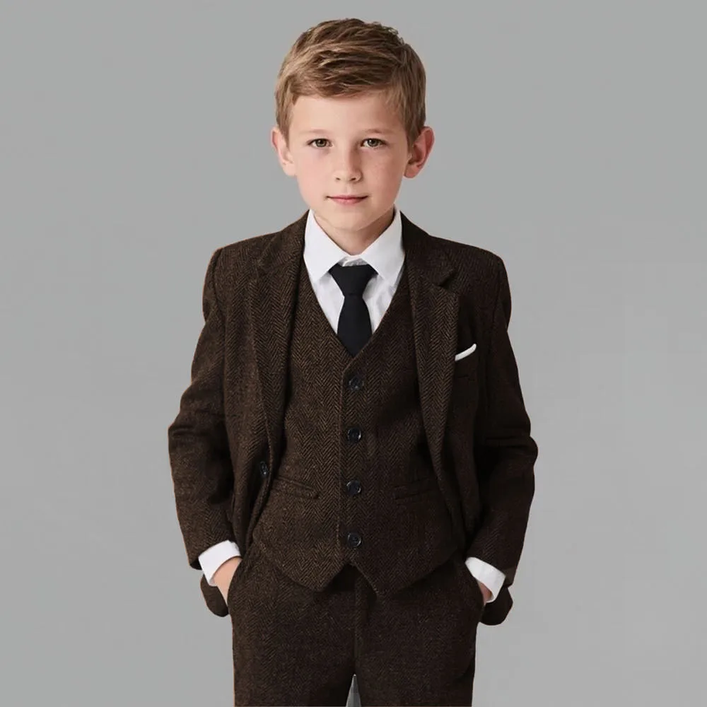 Retro Boy's 3 Pieces Tweed Herringbone Suit Notched Lapel Wool Blend Kids Dress Tuxedos For Wedding Groom (Blazer+Vest+Pants)