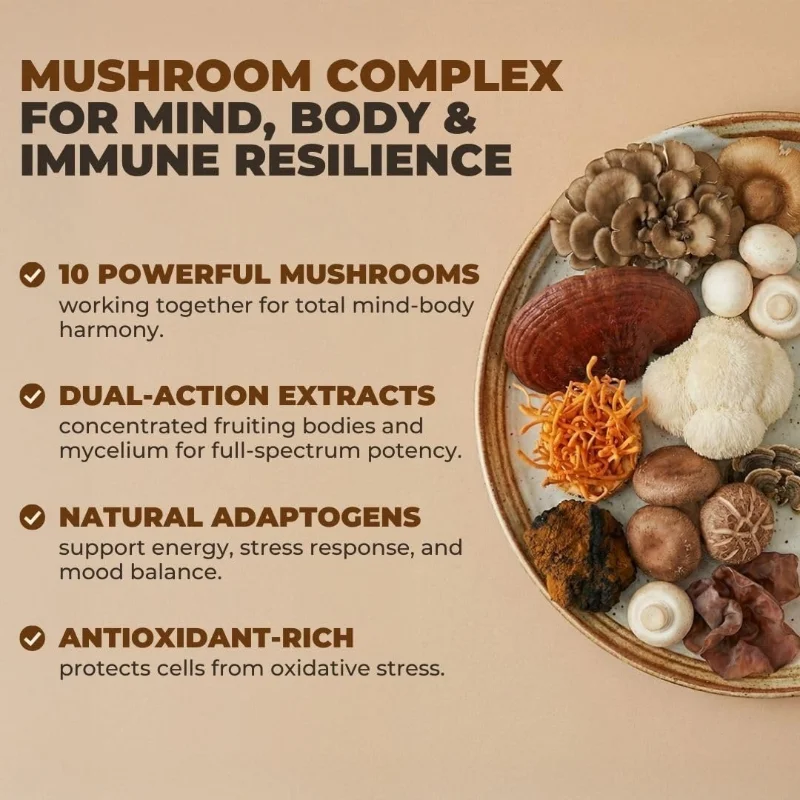 Lions Mane Mushroom Complex for Immune Support -5-in-1 Lion, Chia, and Dance Mushroom Supplement Capsules view 2