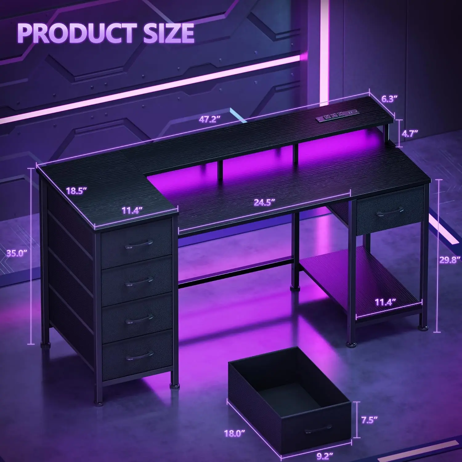 47 Inch Gaming Desk with Power Outlets and LED Lights, Reversible Computer Desk with 5 Fabric Storage Drawers, Home Office Desk with Monitor Stand for Working Writing Study, Black | Gaming desk with power outlets &LED lights