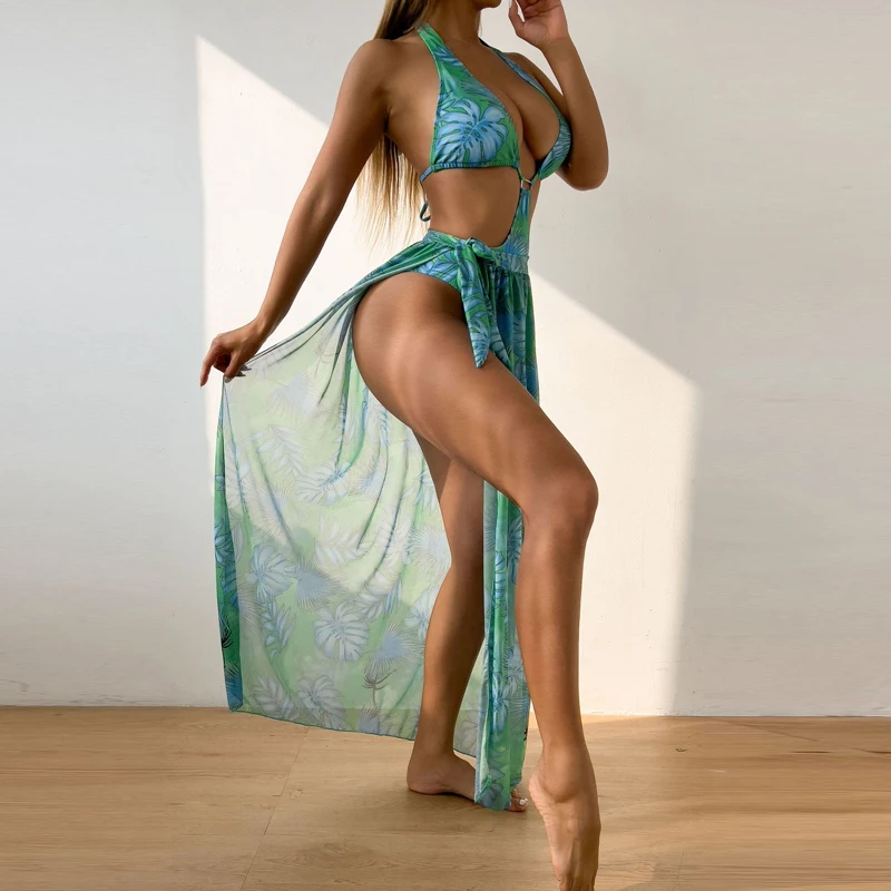 Hot Woman Leaves Print Bikinis Skirt Two Piece Set Women Split Beach Front Knot Cover Skirts Swimsuit High Waist Beachwear 2025