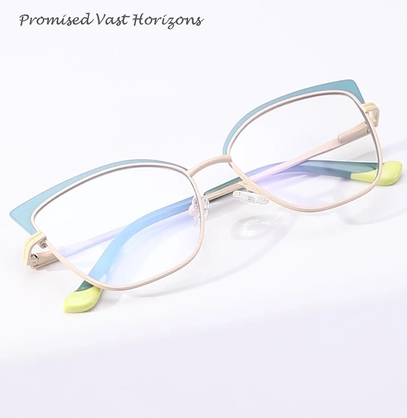 

Fashionable Metal Eye Frame Large Frame Eyebrow Frame Silver Gold Pink Green Purple British Cat Eye Blue Light Blocking Glasses