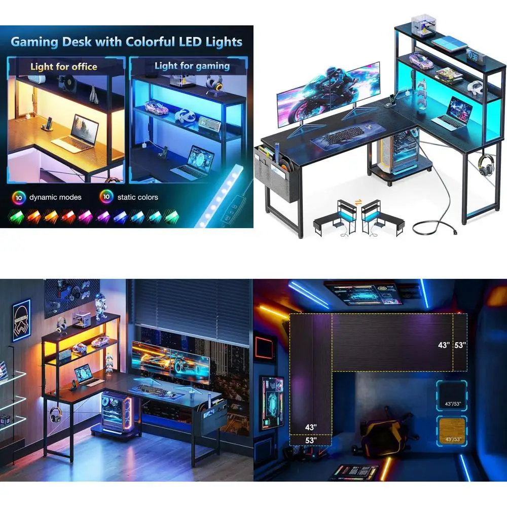 

53 L-Shaped Gaming Desk with Power Outlets, LED Lights, and Storage for Home Office, Black