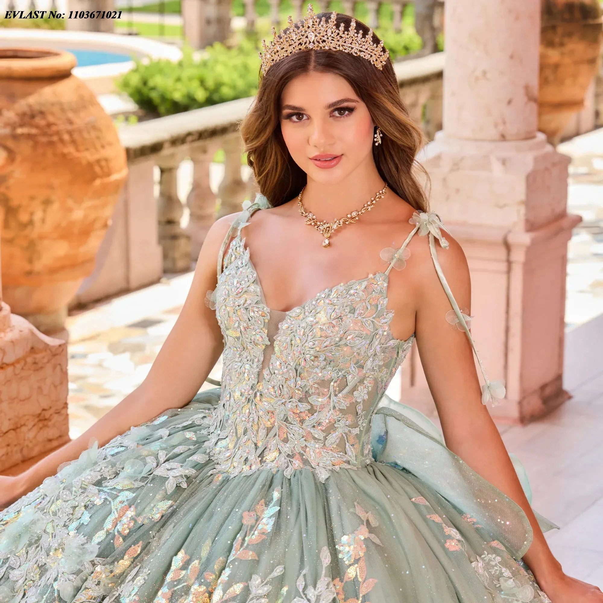 EVLAST disesuaikan gaun bola Mint Meksiko gaun Quinceanera 3D bunga manik-manik korset Cape Bow manis 16 Vestidos De XV Anos SQ264