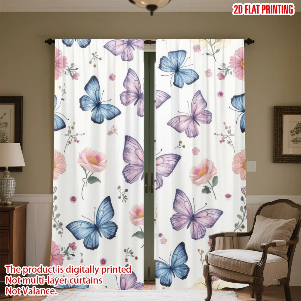 

2D flat printing 2pcs Party Window Curtains Butterflies and Flowers Digital Printed Polyester Drapes Holiday Decorations for