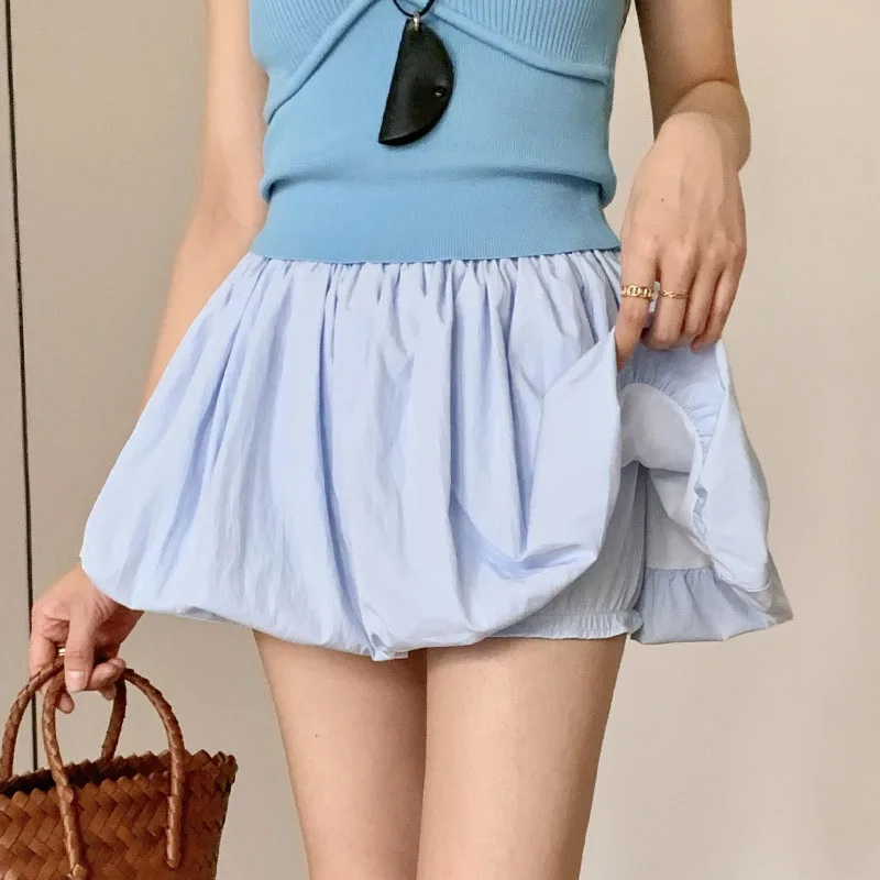 

Summer Women's Casual Skirts Pants Sweet High Waist Bubble Hem A-Line Mini Skirts Preppy Style Female Flowy Short Pants Skirts
