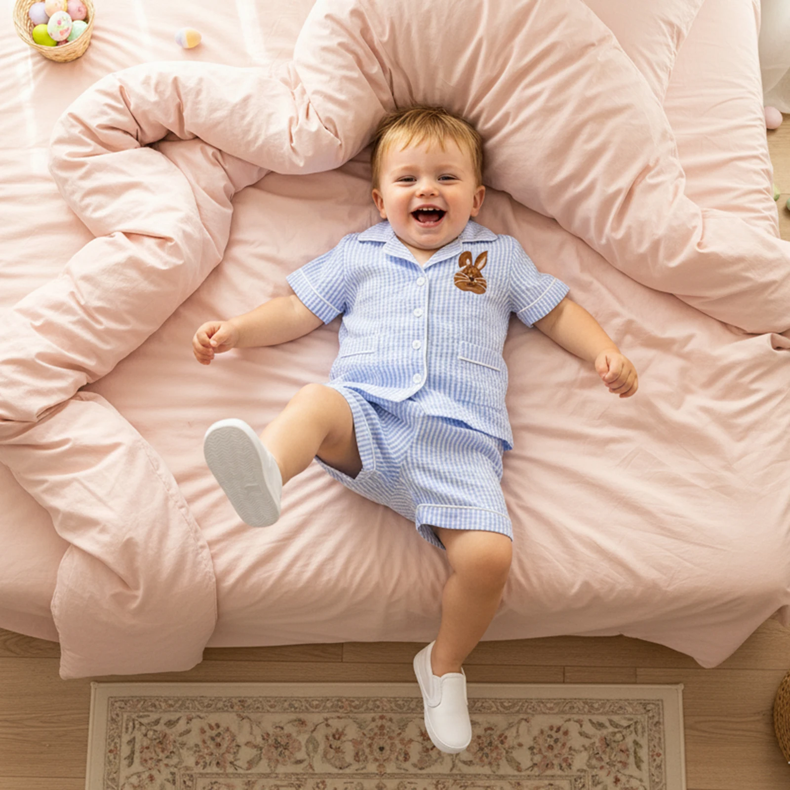 

FOCUSNORM милые детские пасхальные пижамные комплекты для мальчиков от 0 до 5 лет, полосатая рубашка с короткими рукавами и лацканами на пуговицах с вышивкой кролика, шорты