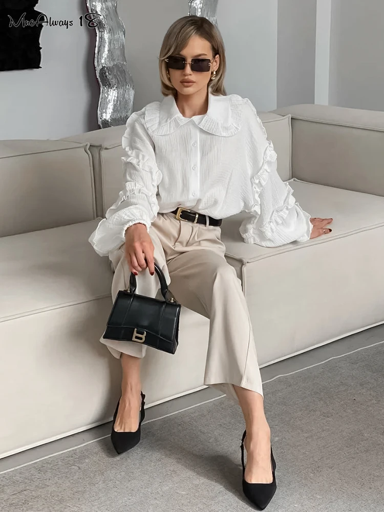 Mnealways18 White Cotton Crape Elegant Shirts For Women Lantern Sleeves Frill Blouses And Tops Lapel Autumn Office Ladies 2024