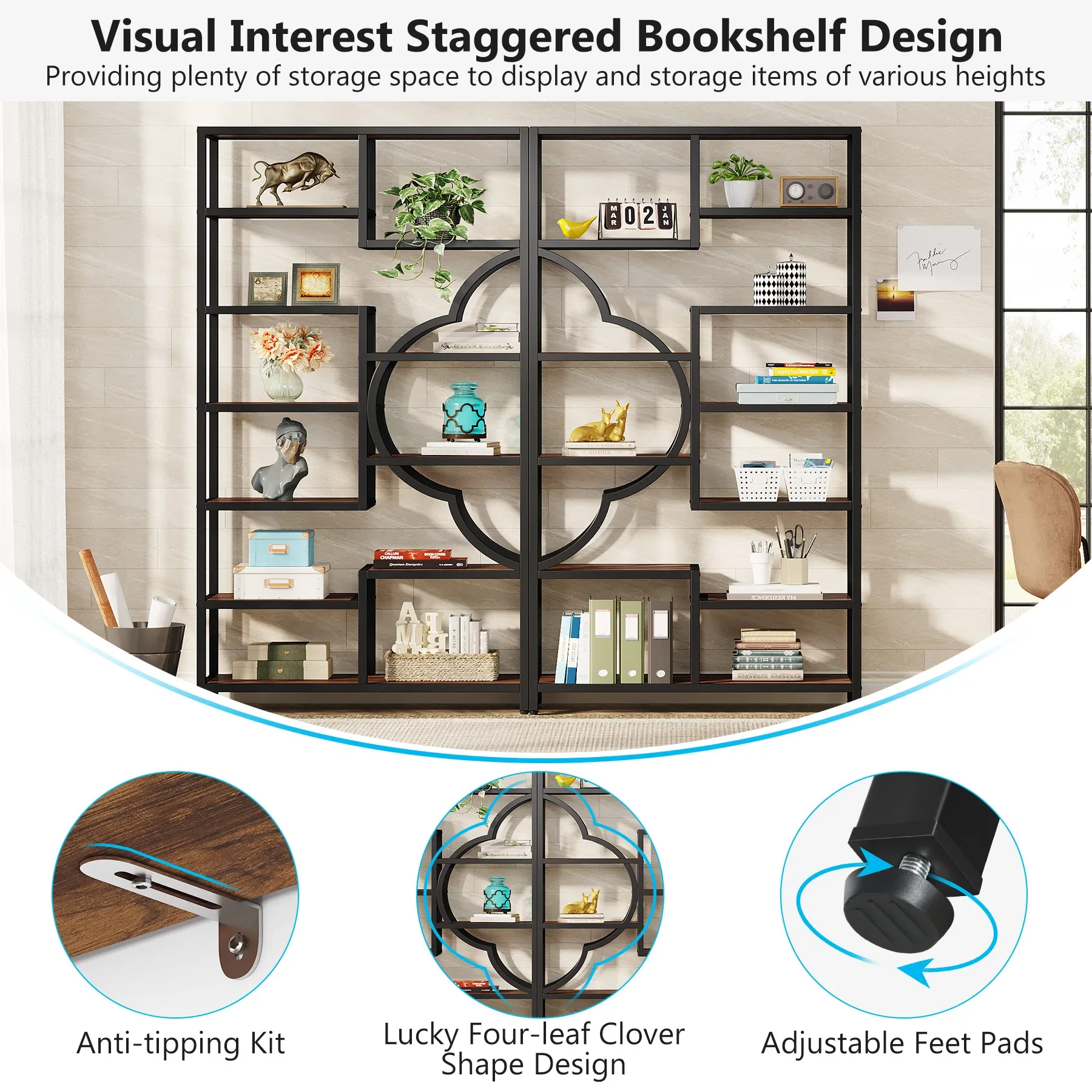 Tribesigns Bookshelf, 11-Shelves Tall Bookcase with Unique Arc-Shaped Design, Industrial Etagere Display Storage Shelves image 3