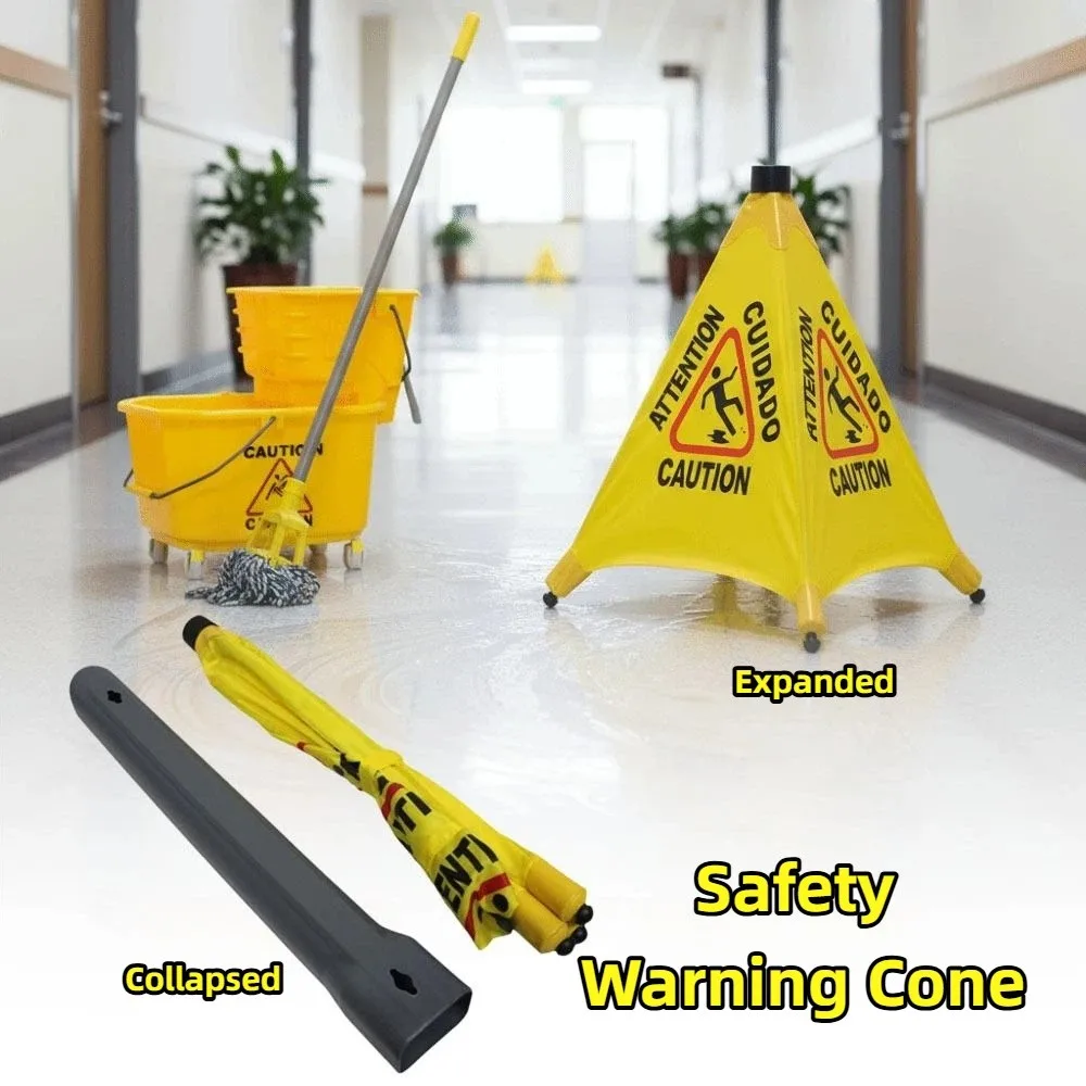 Triangular Cone-Shaped Caution Wet Floor Sign Wall Mounted Foldable Slippery When Wet Sign Multilingual Pop-Up Design
