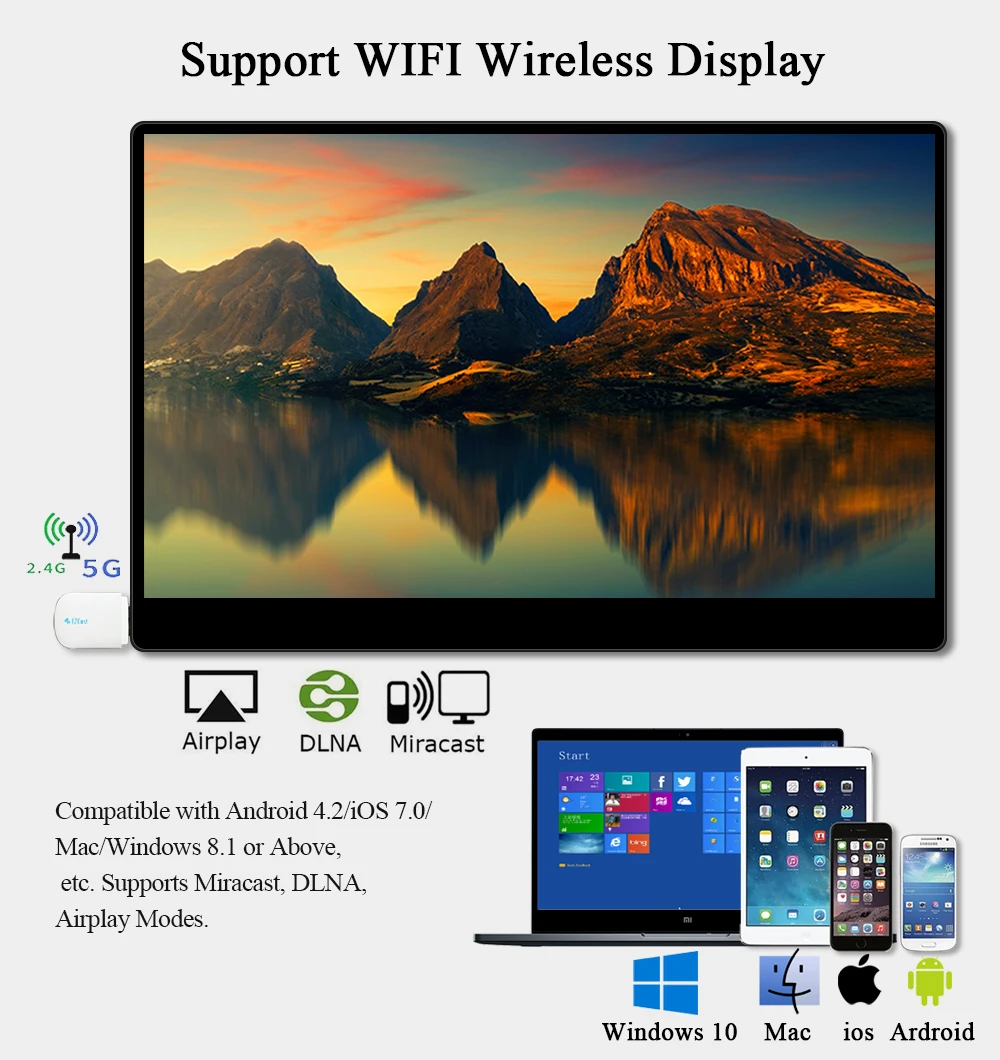 Sibolan 15.6inch 1080p Miracast Wifi Portable Screen For I&phone M&ac Mobile Phones Windows Wireless External Monitor Touch