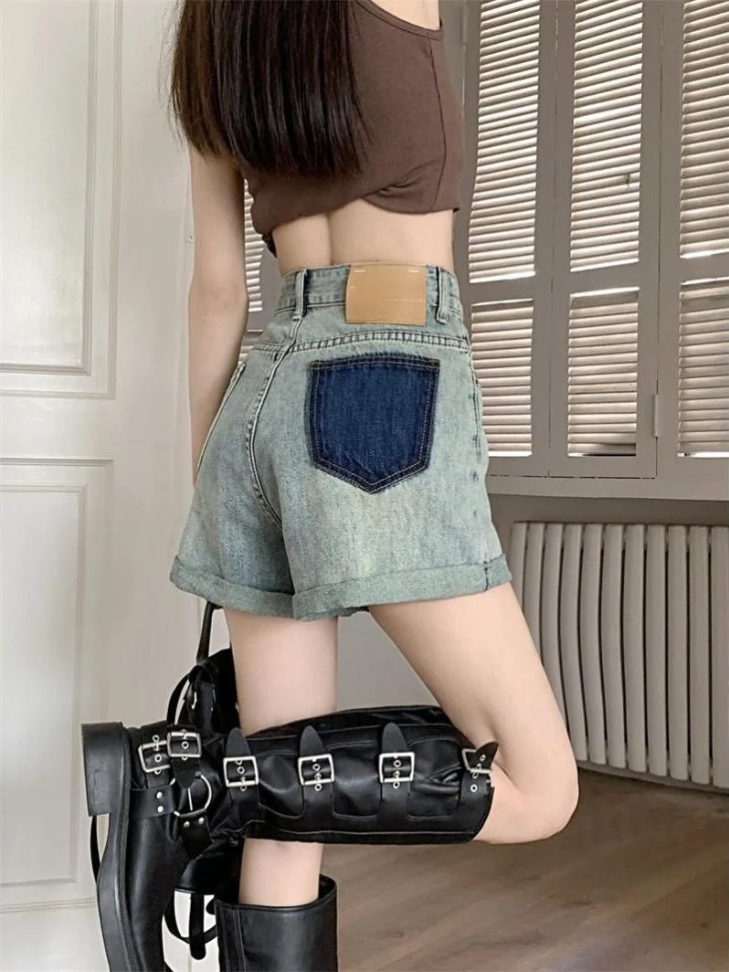 

High Waist Loose Fit Color Block Pocket Denim Shorts Women's Summer Casual Versatile Fashionable Wide Leg Short Pants