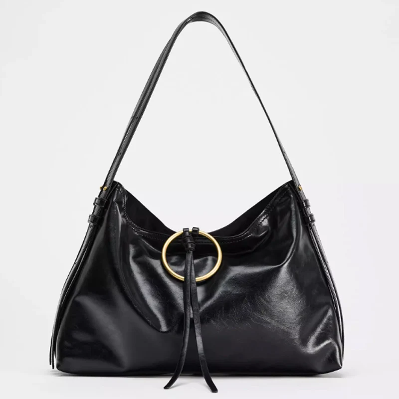 

New Women's Handbag Round Metal Ring Shoulder Bag Fashionable And Versatile Bucket Bag Large Capacity Tote Bag