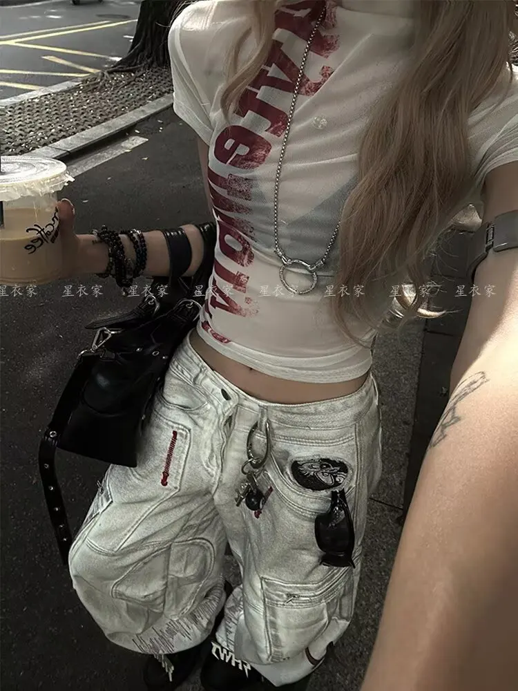 American Vintage Style Large Pocket Jeans New Fashion Women's Baggy Denim Pants Embroidery Patch Floor-Length Pants