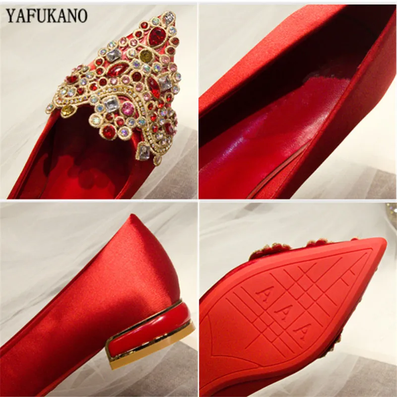 Red Satin Silk Chinese Style Wedding Shoes Square Low Heel Bridal Pregnant Women Pumps Luxury Rhinestone Buckle High Heels 34-41