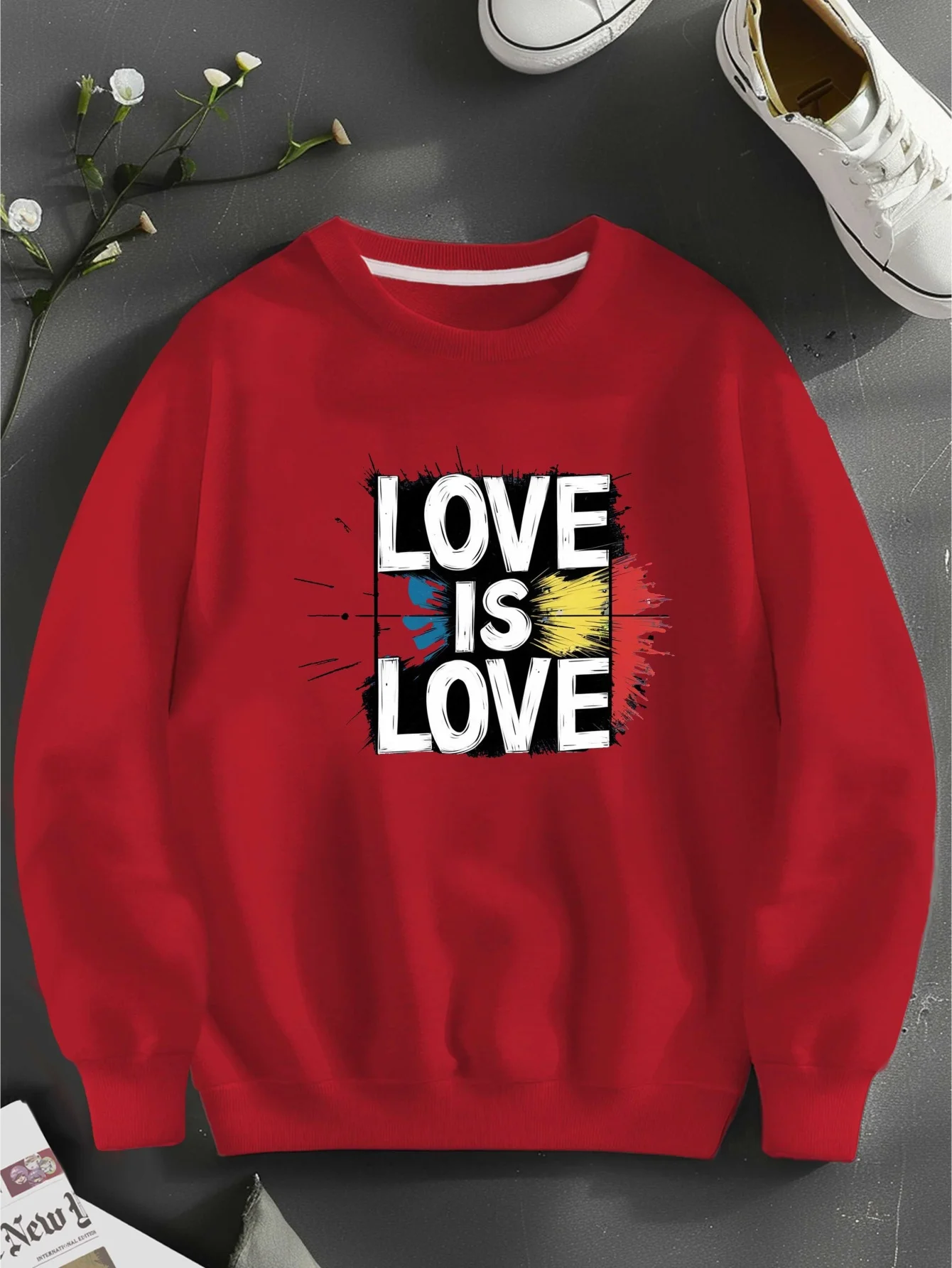 Love Is Love Rainbow Power Graphic Print Sweatshirt, Crew Neck Casual Sweatshirt for Fall & Spring, Women's Clothing