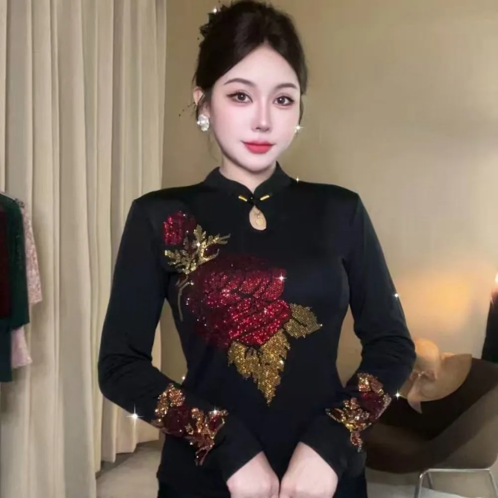 2026 Autumn Winter Fleece Lined Top, Chinese Style Frog Button Rhinestone Rose Thermal Shirt, Fashion Elegant Long Sleeve Blouse