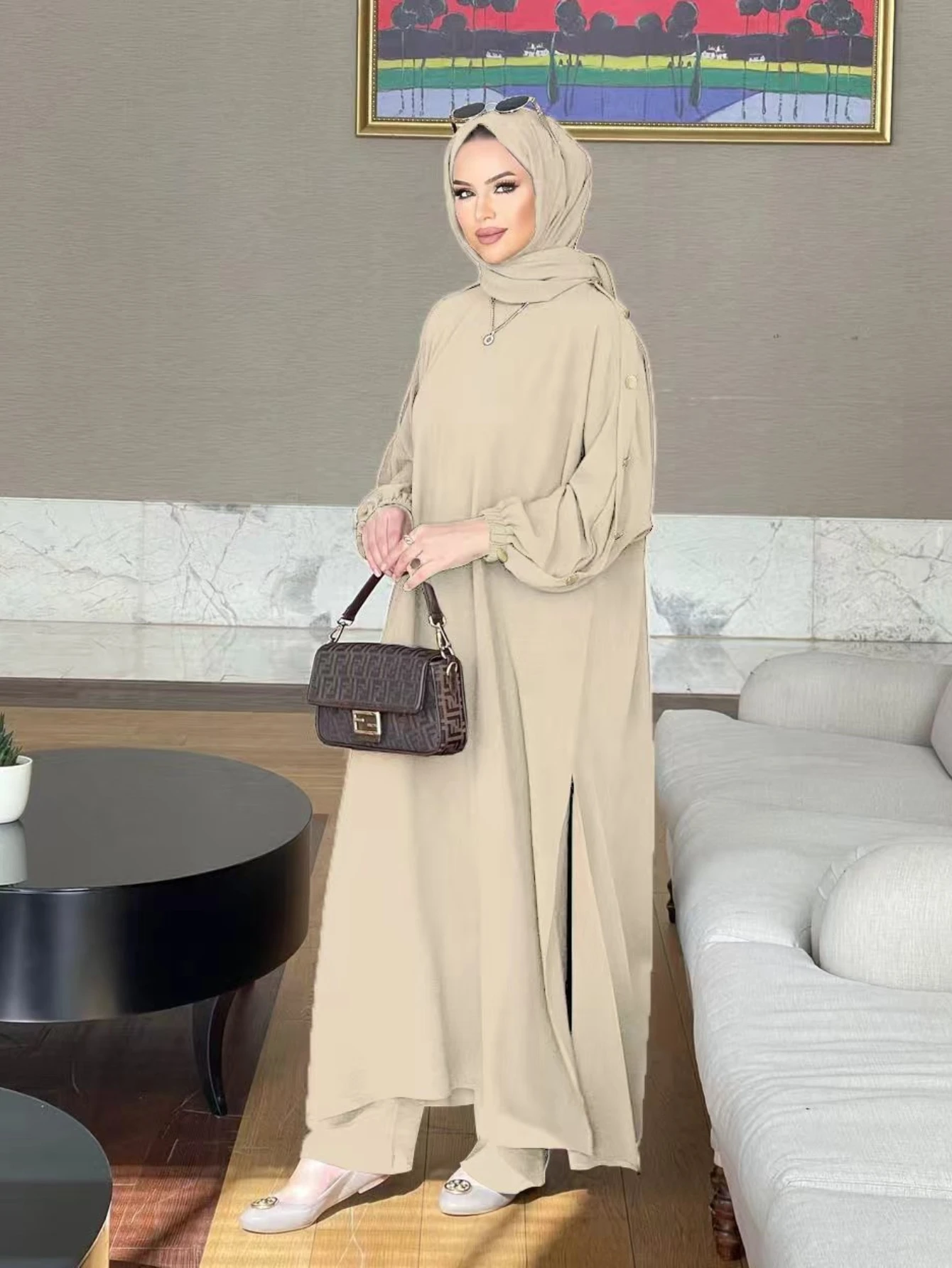 Robe musulmane pour femme, ensemble 2 pièces, chemisier, manches longues, chemise Abaya, pantalon large, olympiques arabes, robes de Dubaï, ensembles musulmans