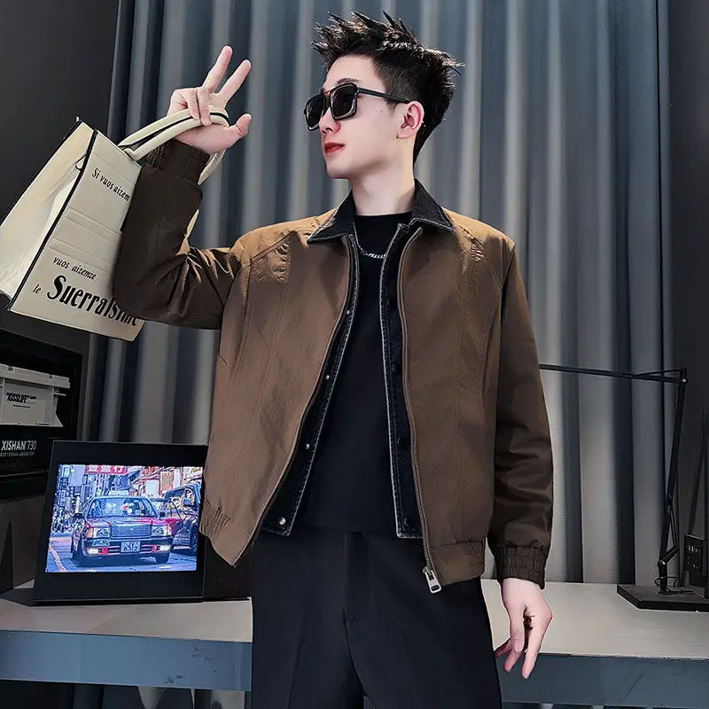 

Slim Fit Men's Jaet Spring Autumn False Two-Piece Collar Stand-Up Sle XS Size 60 Trendy Korean Brand Casual Wear