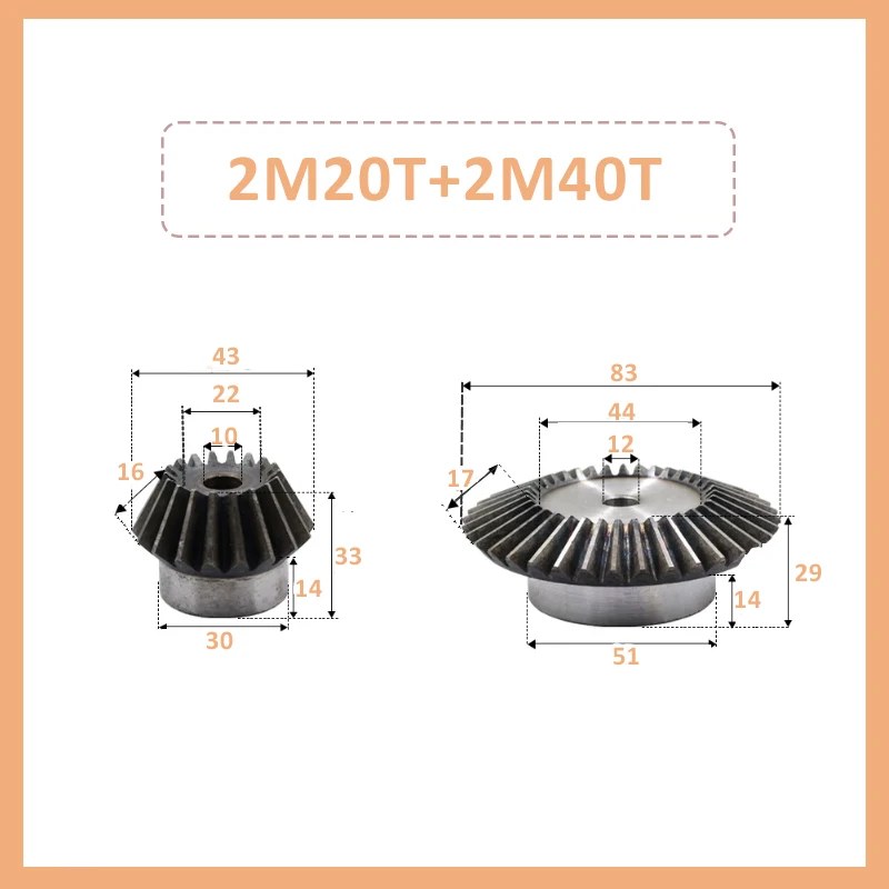 2M 20T+40T Or 2M16T+32T Or 2M17T+34T Or 2M18T+36T Or 2M25T+50T Bevel Gear Ratio1:2 90º Transmission Bevel Gear With Process Hole