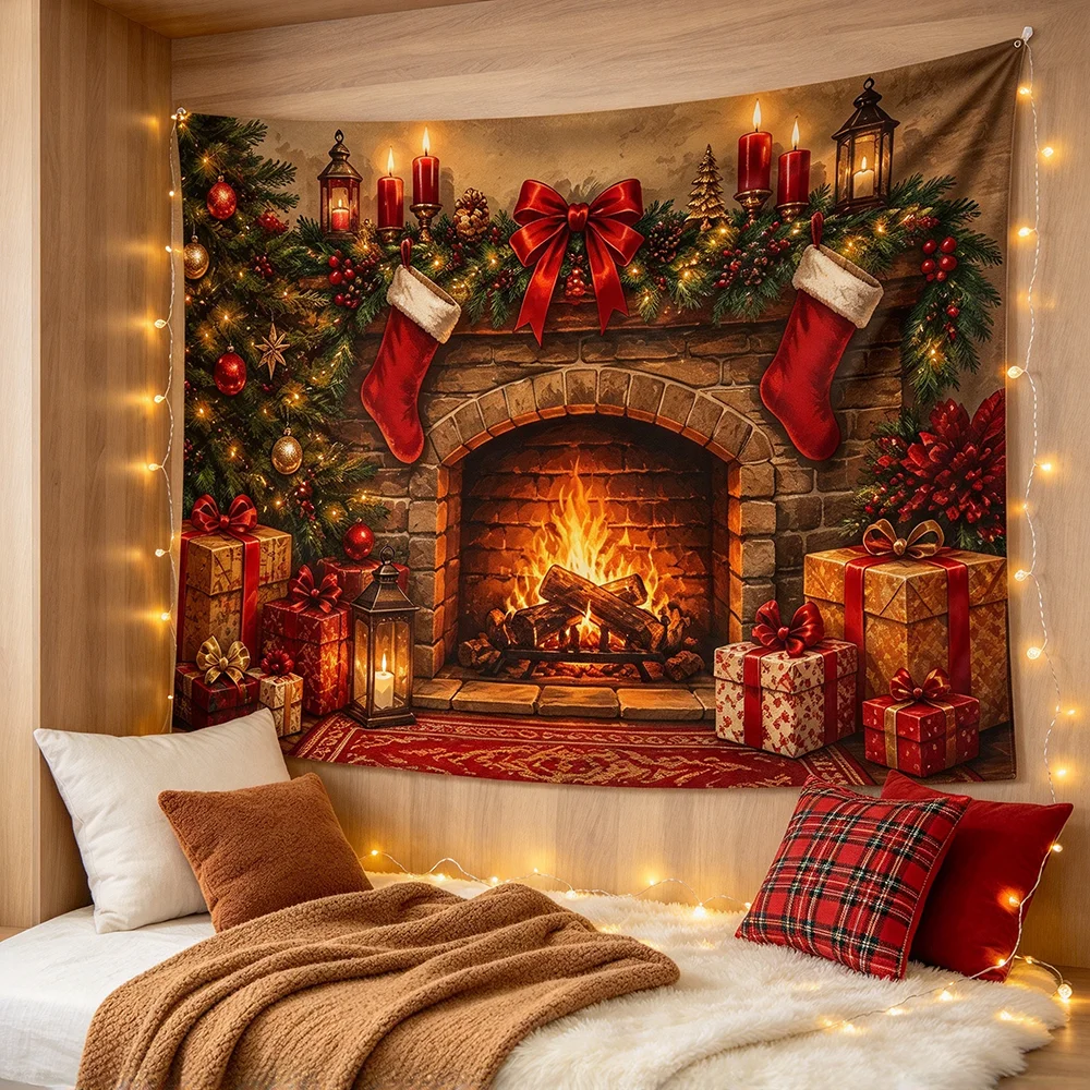 1PCS Tapestry, Christmas Fireplace Stockings Candles Tree Gifts Scene, Holiday Party Decoration for Home Studio Wall