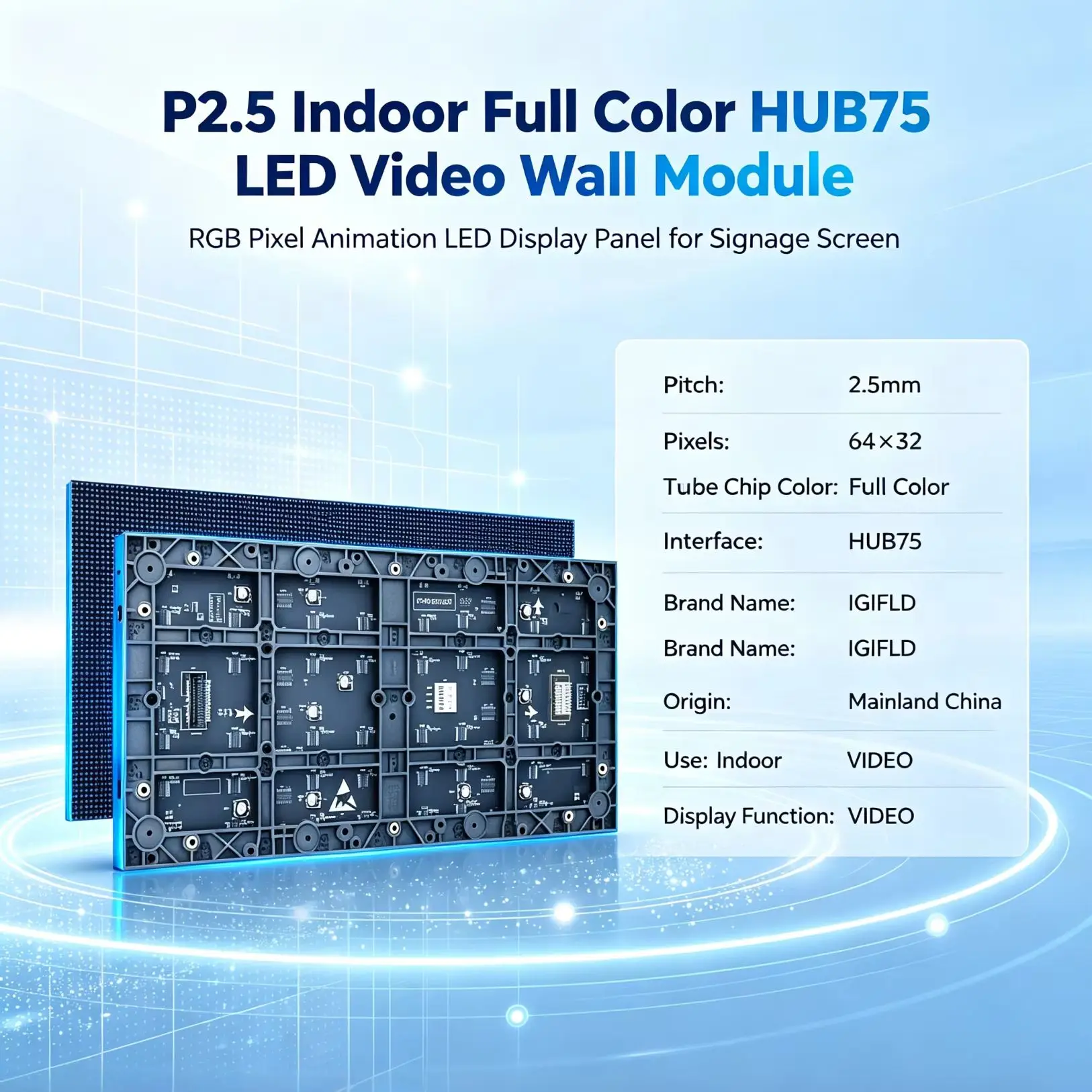 P2.5 Indoor Full Color HUB75 LED Video Wall Module, RGB Pixel Animation LED Display Panel for Signage Screen