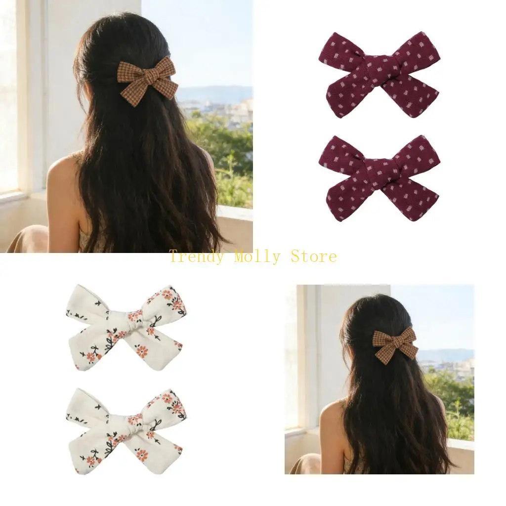 

N5KB Embroidery Flower Bowtie Hair Clip For Student Kids Cotton Fabric Barrettes 2PCS