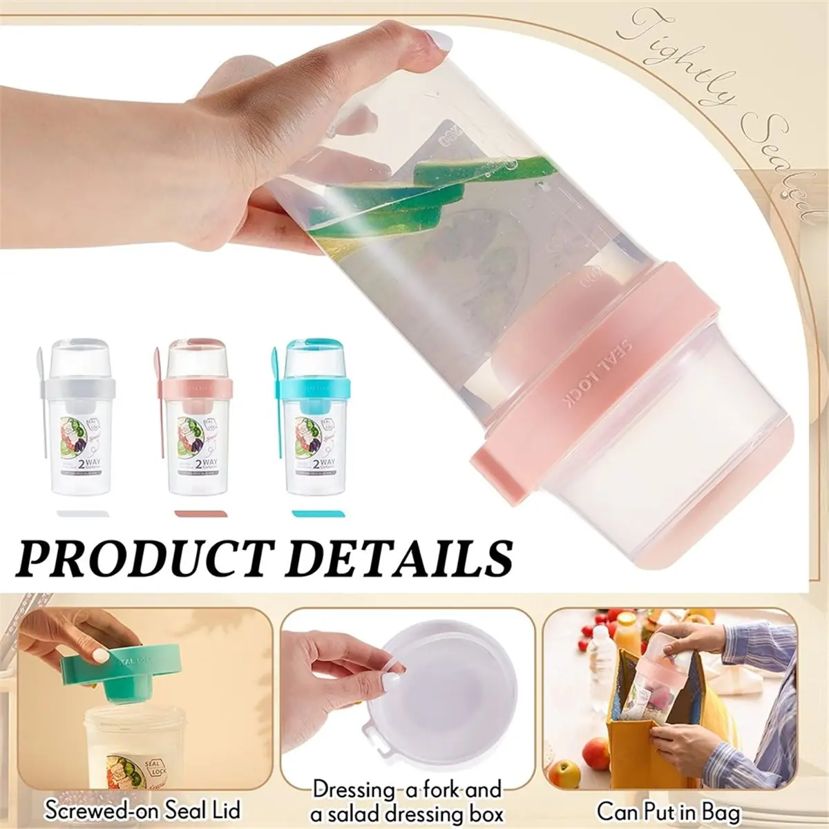 2026 Trend 3 Pcs Salad Shaker Cup with Lids and Fork Salad Container for Lunch, Portable Breakfast Meal Vegetable and Fruits
