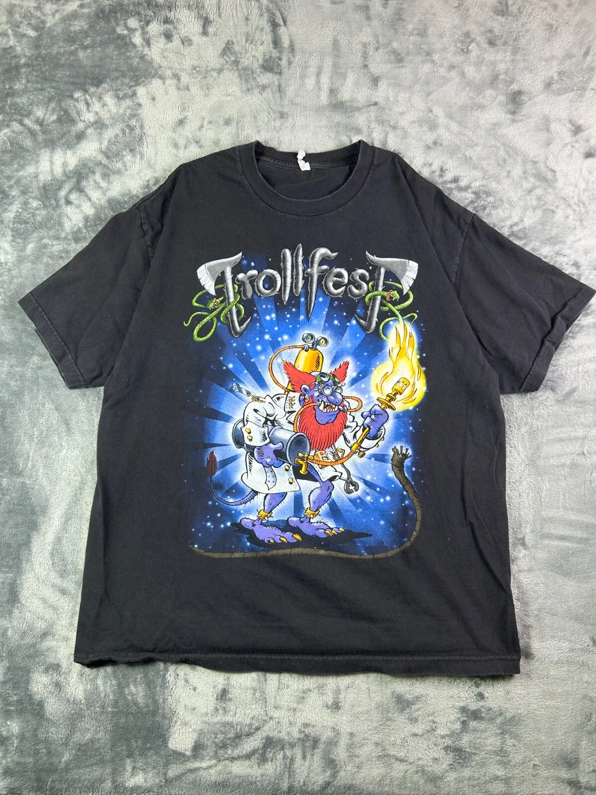 Винтажная футболка группы Trollfest, размер XL, с металлическим фолк-принтом, с изображением гоблина, мультяшный дизайн