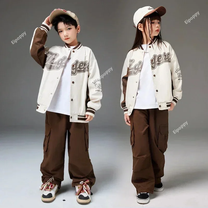 Boys Hip Hop Baseball Coat Solid Caro Pants Girls Cool Street Dance Jacket Streetwear Children Jazz Clothes Sets Kids  Costumes