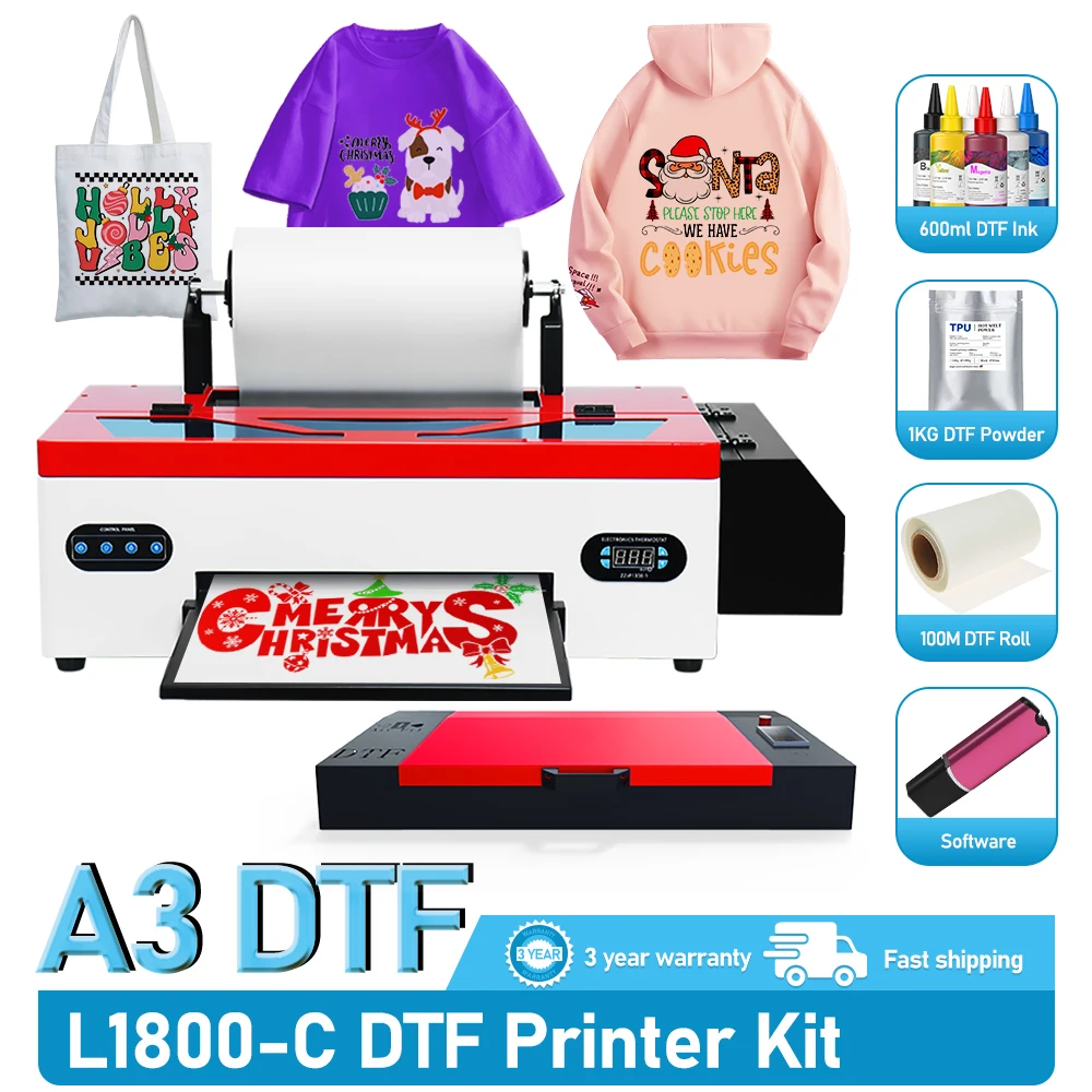 A3 DTF Printer DTF Impresora Transfer Printer L1800 with Roll Feeder  DTF Printer for Clothes Hoodies Jeans Printing Machine