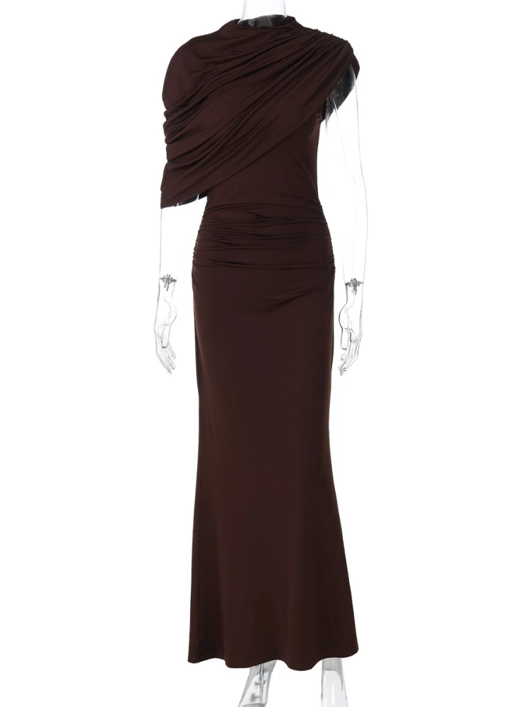 FDYOUI Elegant Chicแขนกุดพับสีน้ําตาลยาวMaxiชุดสตรีสูงเอวBodycon Ruchedไม่สมมาตรชุดราตรี