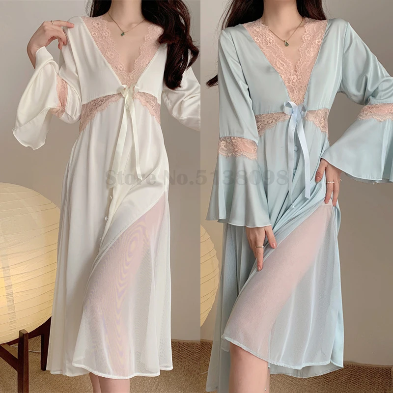 

Sexy Lace Bow Nightdress Special Zone Open Fancy Nightgown Flared Sleeve Long Skirt Palace Style Elegant Loose Home Clothes