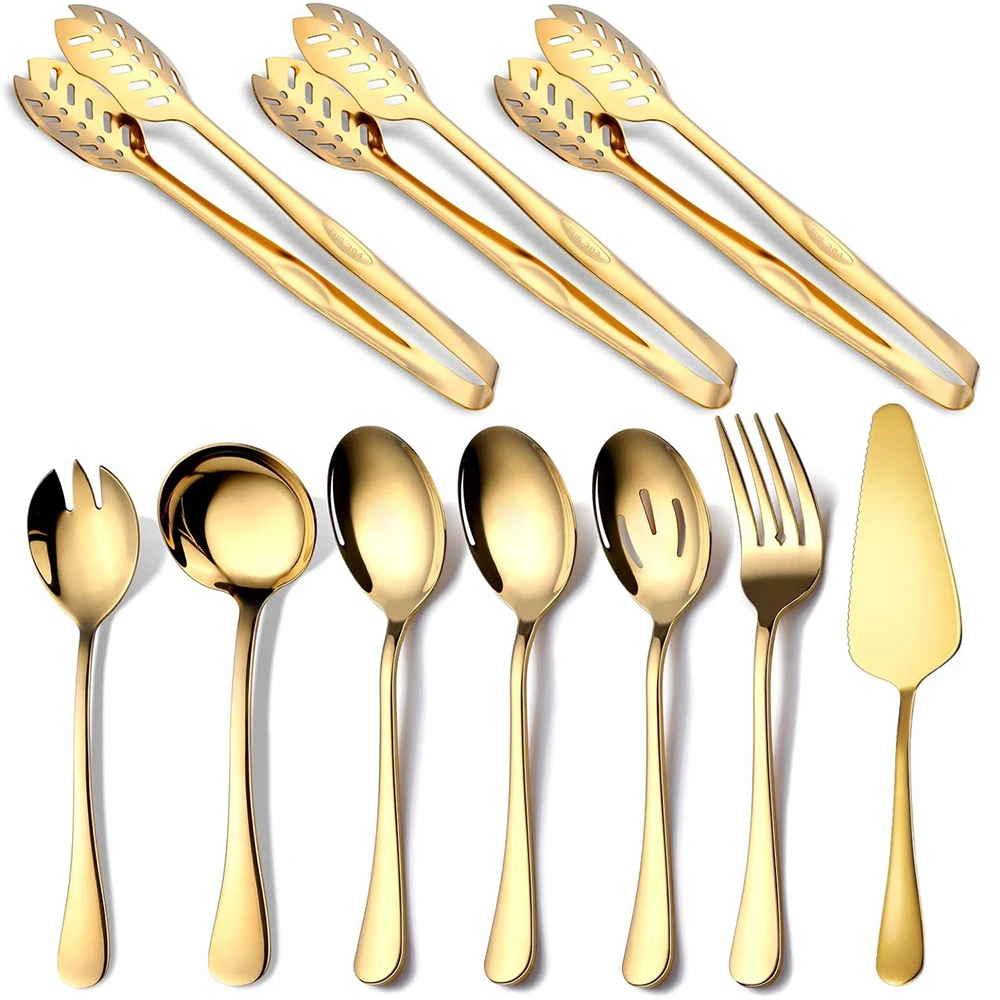 10-Piece Polished Stainless Steel Gold Serving Utensils Set Include Serving Spoons, Slotted, Tongs, Fork，Salad ,Cake