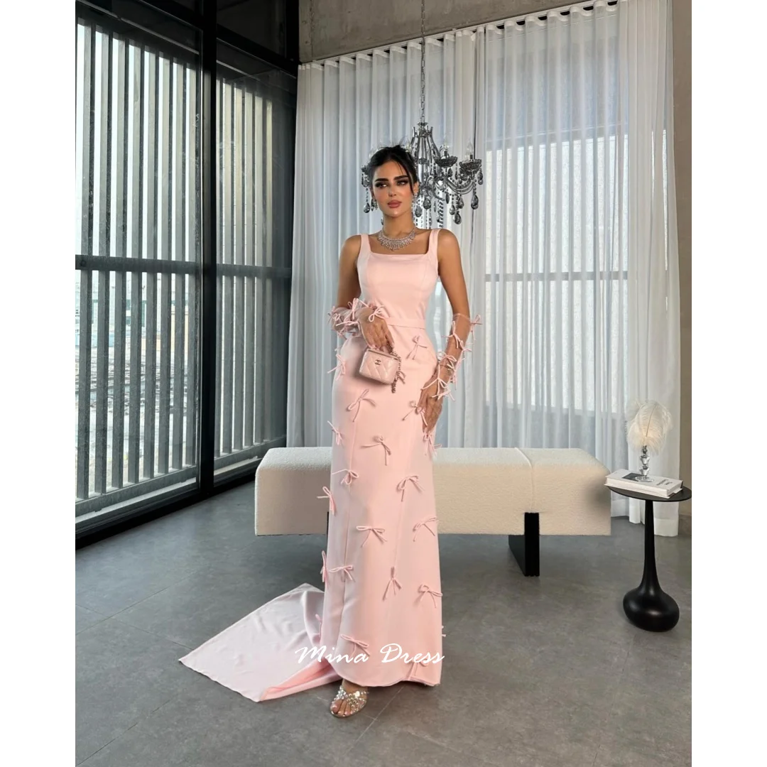 

Mina Customized Pink Luxury Women Evening Dress Square Collar Wide Shoulder Straps Bow Tie Tail Dresses for Formal Occasions