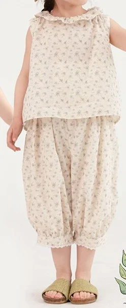 Girls' Children's Summer Set 2025 Thin Lotus Leaf Collar Tank Top Lace Leg Tights Two Piece Set