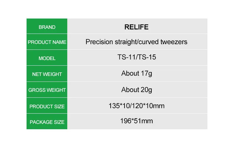 RELIFE TS-11 TS-15 Wartungspinzette mit hoher Härte, antistatisch, gerade, gebogen, für Telefon, CPU, IC, Reparaturklammern, Handwerkzeug – Detail 12