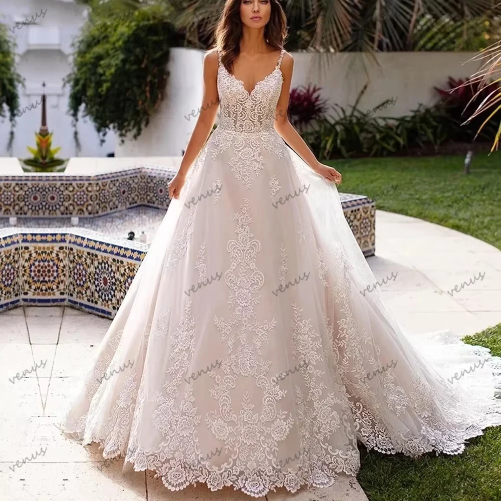 Pretty Wedding Dresses Glamorous Bridal Gowns Lace Appliques Sleeveless Backless Robes Charming Vestidos De Novia Customized