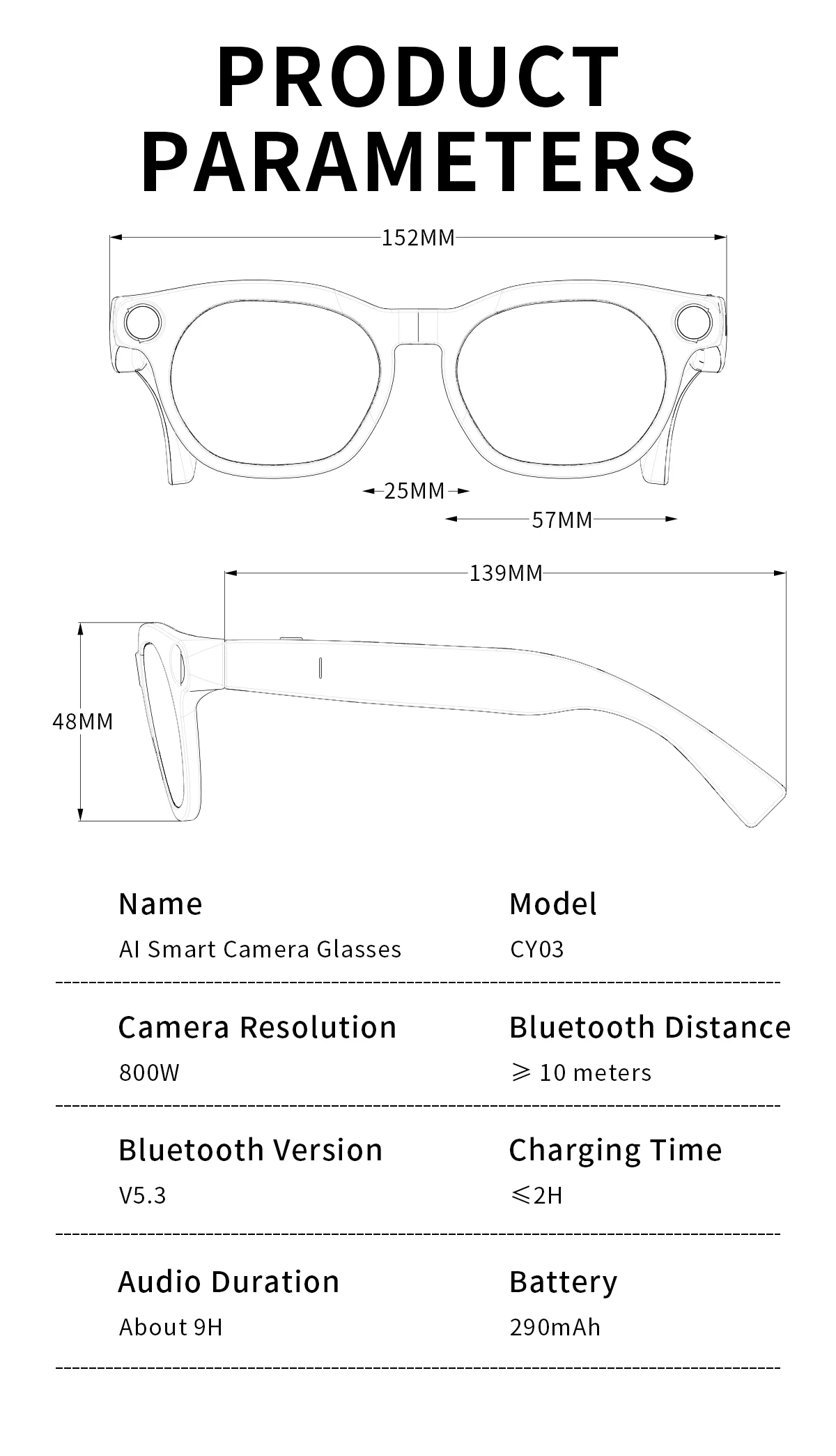 NEW CY03 Smart Glasses 800W HD Camera Intelligent AI Large Model Audio&Video Online Audio Call Translation Smart Touch Glasses