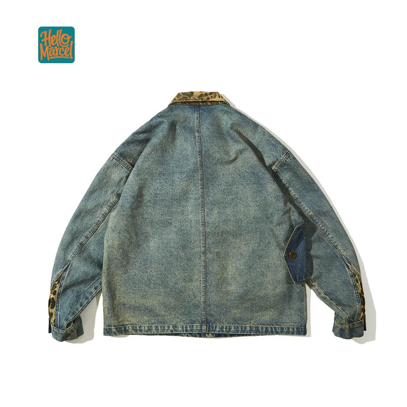 HELLOMARCEL EU US Size Luxury Quality Jean Jacket Street Wear Leopard Turn-Down Collar Men Oversize Washed Denim Jacket