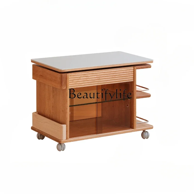 

S White Dews Lift Trolley Movable Lifting Tea Table Japanese Style Cherrywood Furniture Tea Cabinet Side Table