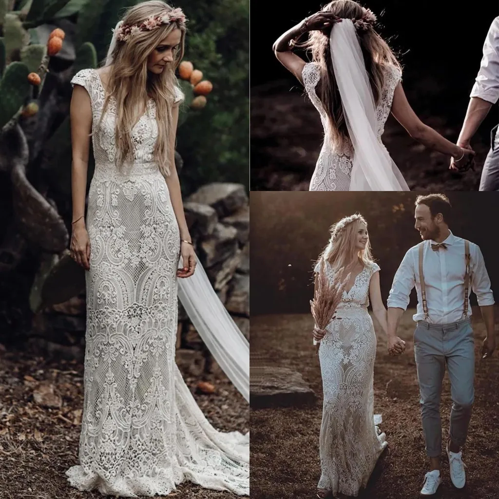 Bohemian pastrol Wedding Dress Cap Sleeve V Neck Crochet Cotton Lace Country mermaid Backless bridal gowns abito sposa pizzo