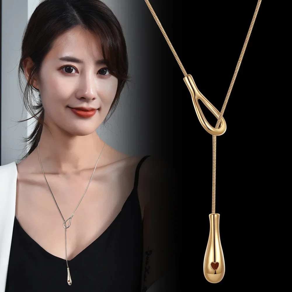 

2025Long teardrop pull-out necklace for women, 2024 new high-end sweater chain, snake bone chain
