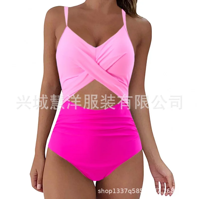 New One Piece Swimsuit Color Matching Sexy Cutout Cross Swimsuit with Shoulder Straps Female in Stock Wholesale