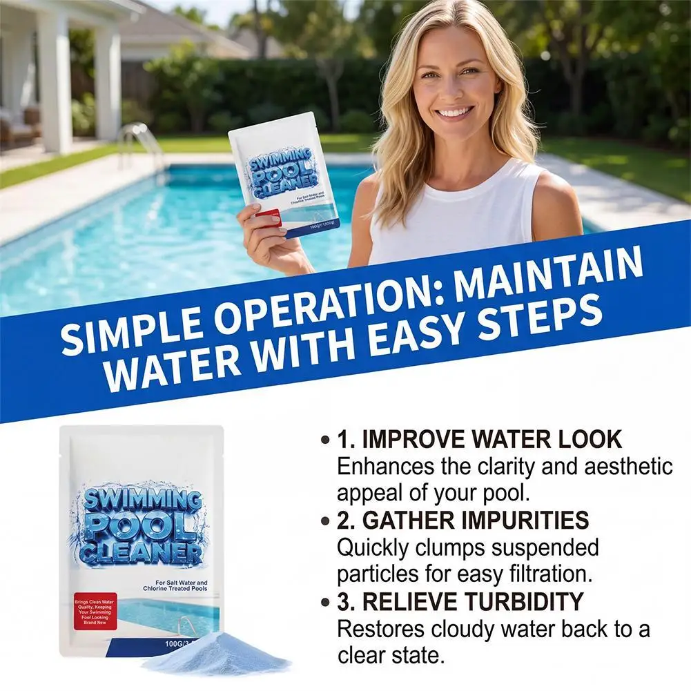 Swimming Pool Cleaner Powder 100g – For Salt & Chlorine Pools, Water Clarify No Odor Clean Dirt Pool Cleaning Solution