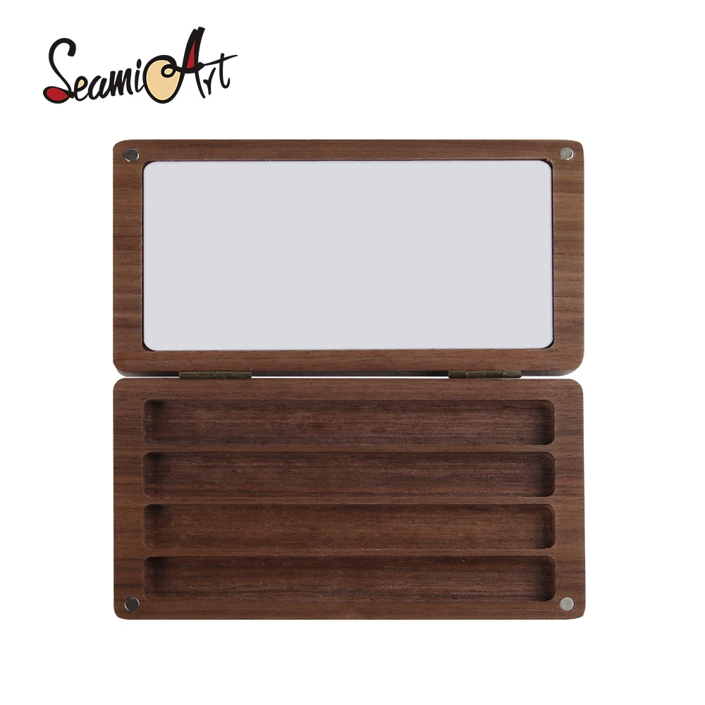 SeamiArt 1pc Black Walnut Wood Rectangle Painting Box with Palette Half Pans for Watercolor Subpackage Storage Art Supplies