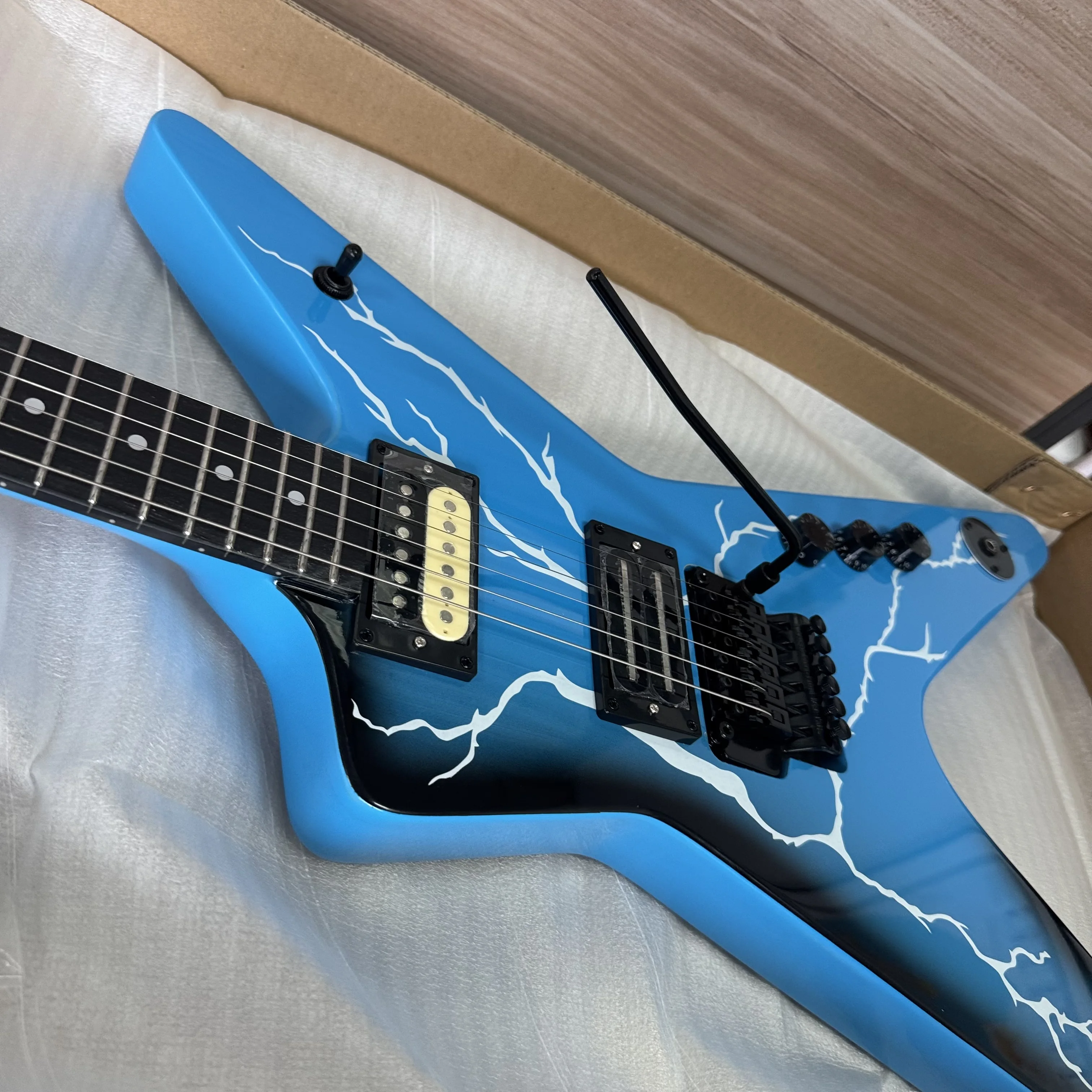 Costom Dimebag Style Electric Guitar With Blue Black Gradient Paint Finish White Lightning Pattern Print Dual Humbucker Pickups