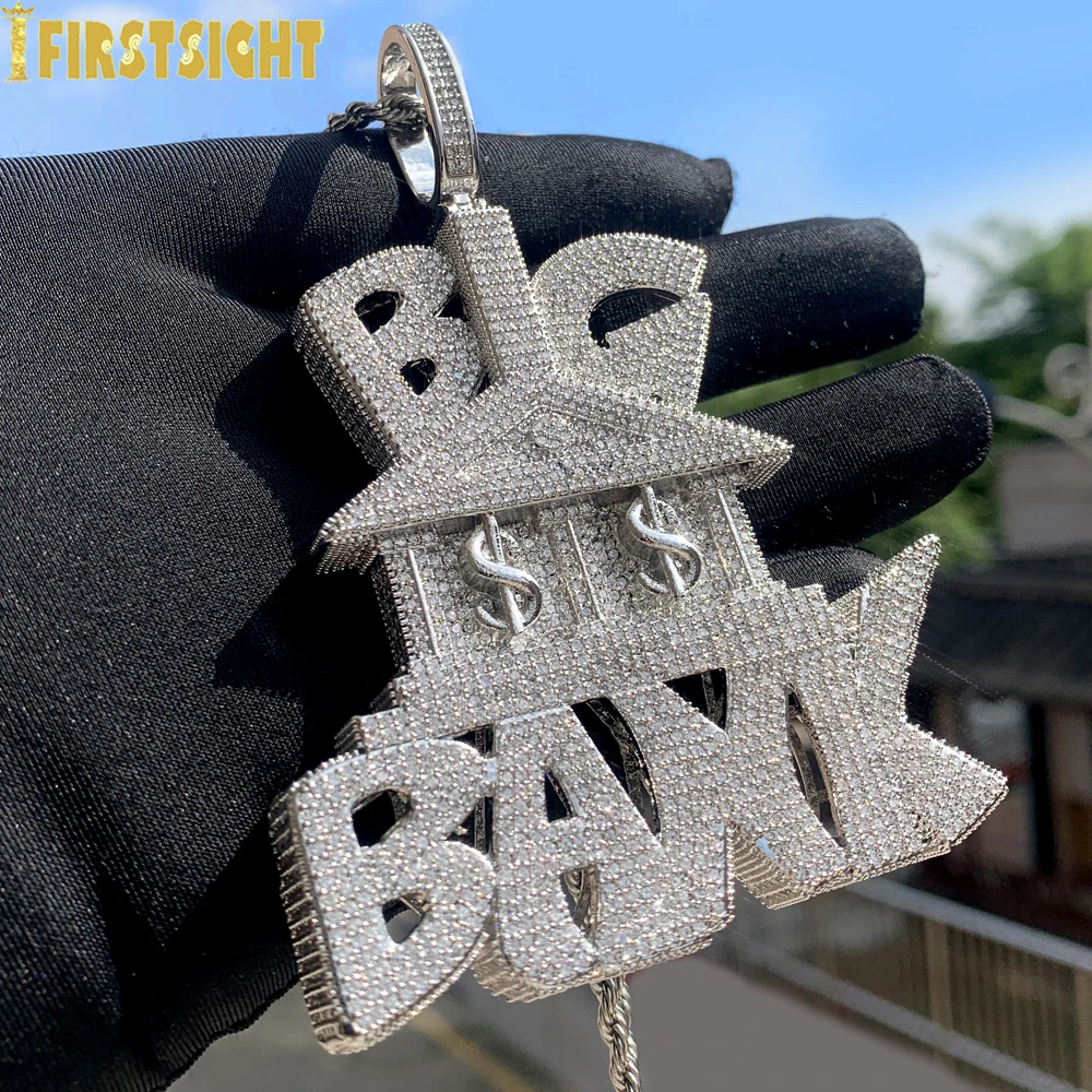 New Iced Out Bling Heavy Chunky CZ Letter Big Bank Pendant Necklace Cubic Zirconia Dollar Symbol Bank Charm Men Hip Hop Jewelry